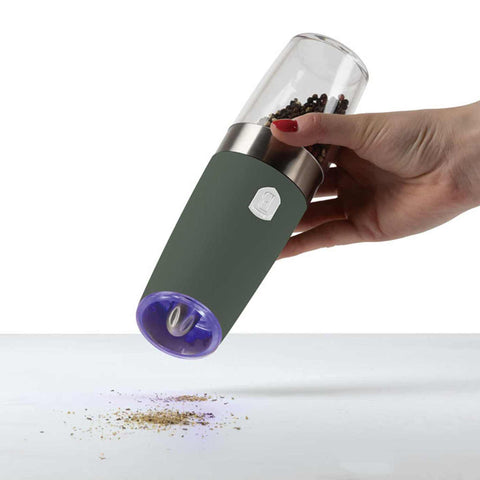 Product image of Gravity pepper and salt mill 2pcs set. Part of the Matte Green Collection . Features: • Material: plastic with CERAMIC grinder • Batteries: 6 pcs AAA (not inc.) • WITH LIGHT • Color: matt green • 2 pcs set. (Conceptual view). Official Berlinger Haus product, boosted by Promintra sl.