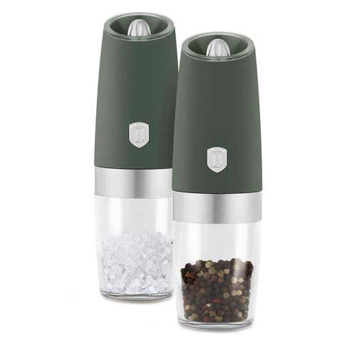 Product image of Gravity pepper and salt mill 2pcs set. Part of the Matte Green Collection . Features: • Material: plastic with CERAMIC grinder • Batteries: 6 pcs AAA (not inc.) • WITH LIGHT • Color: matt green • 2 pcs set. (Conceptual view). Official Berlinger Haus product, boosted by Promintra sl.