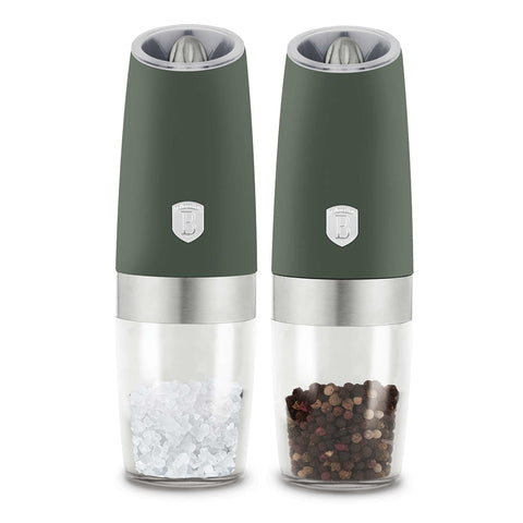 Product image of Gravity pepper and salt mill 2pcs set. Part of the Matte Green Collection . Features: • Material: plastic with CERAMIC grinder • Batteries: 6 pcs AAA (not inc.) • WITH LIGHT • Color: matt green • 2 pcs set. (Conceptual view). Official Berlinger Haus product, boosted by Promintra sl.