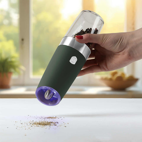 Product image of Gravity pepper and salt mill 2pcs set. Part of the Matte Green Collection . Features: • Material: plastic with CERAMIC grinder • Batteries: 6 pcs AAA (not inc.) • WITH LIGHT • Color: matt green • 2 pcs set. (Conceptual view). Official Berlinger Haus product, boosted by Promintra sl.