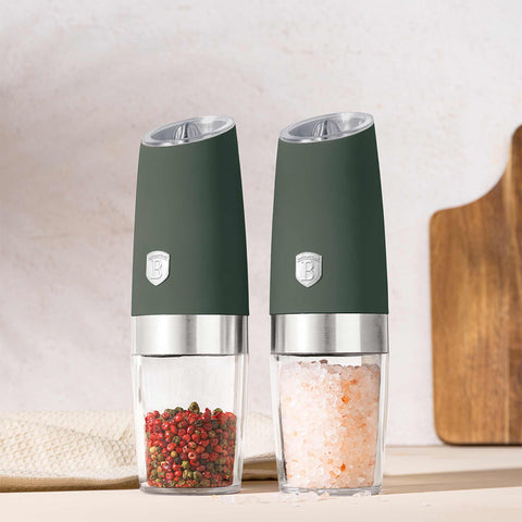 Product image of Gravity pepper and salt mill 2pcs set. Part of the Matte Green Collection . Features: • Material: plastic with CERAMIC grinder • Batteries: 6 pcs AAA (not inc.) • WITH LIGHT • Color: matt green • 2 pcs set. (Conceptual view). Official Berlinger Haus product, boosted by Promintra sl.