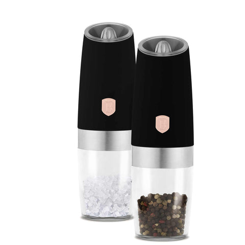 Product image of Gravity pepper and salt mill 2pcs set. Part of the Black Rose Collection . Features: • Material: plastic with CERAMIC grinder • Batteries: 6 pcs AAA (not inc.) • WITH LIGHT • Color: black- rose gold • 2 pcs set. (Conceptual view). Official Berlinger Haus product, boosted by Promintra sl.