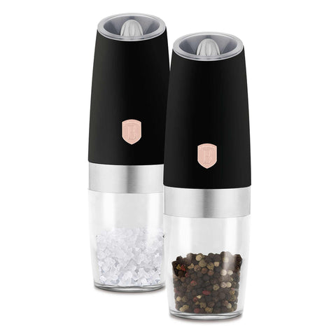 Product image of Gravity pepper and salt mill 2pcs set. Part of the Black Rose Collection . Features: • Material: plastic with CERAMIC grinder • Batteries: 6 pcs AAA (not inc.) • WITH LIGHT • Color: black- rose gold • 2 pcs set. (Conceptual view). Official Berlinger Haus product, boosted by Promintra sl.