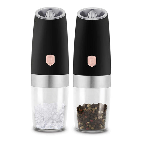 Product image of Gravity pepper and salt mill 2pcs set. Part of the Black Rose Collection . Features: • Material: plastic with CERAMIC grinder • Batteries: 6 pcs AAA (not inc.) • WITH LIGHT • Color: black- rose gold • 2 pcs set. (Conceptual view). Official Berlinger Haus product, boosted by Promintra sl.