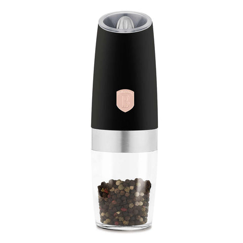 Product image of Gravity pepper and salt mill 2pcs set. Part of the Black Rose Collection . Features: • Material: plastic with CERAMIC grinder • Batteries: 6 pcs AAA (not inc.) • WITH LIGHT • Color: black- rose gold • 2 pcs set. (Conceptual view). Official Berlinger Haus product, boosted by Promintra sl.