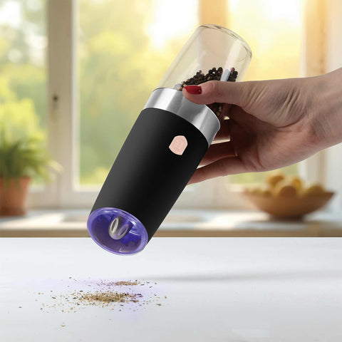 Product image of Gravity pepper and salt mill 2pcs set. Part of the Black Rose Collection . Features: • Material: plastic with CERAMIC grinder • Batteries: 6 pcs AAA (not inc.) • WITH LIGHT • Color: black- rose gold • 2 pcs set. (Conceptual view). Official Berlinger Haus product, boosted by Promintra sl.