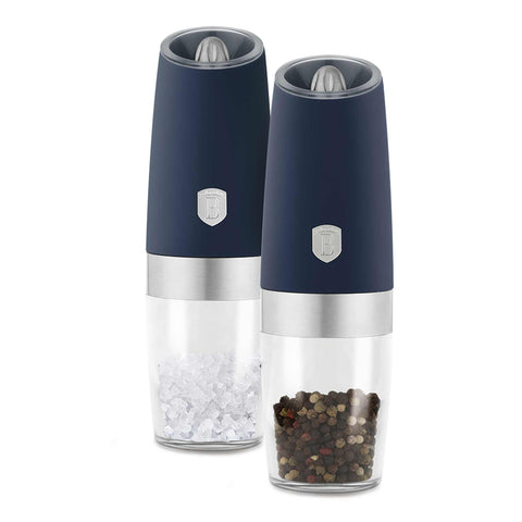 Product image of Gravity pepper and salt mill 2pcs set. Part of the Deep Sea Collection . Features: • Material: plastic with CERAMIC grinder • Batteries: 6 pcs AAA (not inc.) • WITH LIGHT • Color: matt blue • 2 pcs set. (Conceptual view). Official Berlinger Haus product, boosted by Promintra sl.