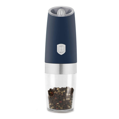 Product image of Gravity pepper and salt mill 2pcs set. Part of the Deep Sea Collection . Features: • Material: plastic with CERAMIC grinder • Batteries: 6 pcs AAA (not inc.) • WITH LIGHT • Color: matt blue • 2 pcs set. (Conceptual view). Official Berlinger Haus product, boosted by Promintra sl.