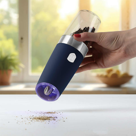 Product image of Gravity pepper and salt mill 2pcs set. Part of the Deep Sea Collection . Features: • Material: plastic with CERAMIC grinder • Batteries: 6 pcs AAA (not inc.) • WITH LIGHT • Color: matt blue • 2 pcs set. (Conceptual view). Official Berlinger Haus product, boosted by Promintra sl.