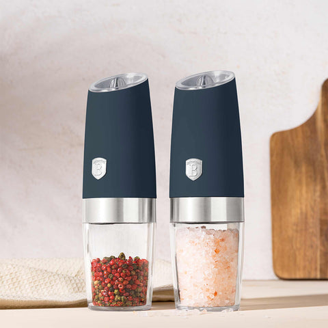 Product image of Gravity pepper and salt mill 2pcs set. Part of the Deep Sea Collection . Features: • Material: plastic with CERAMIC grinder • Batteries: 6 pcs AAA (not inc.) • WITH LIGHT • Color: matt blue • 2 pcs set. (Conceptual view). Official Berlinger Haus product, boosted by Promintra sl.