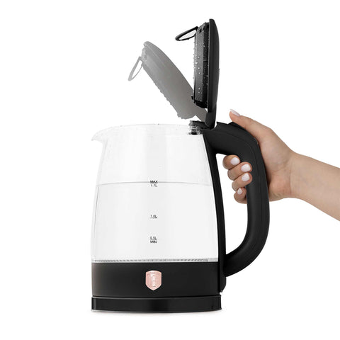 Product image of Electric glass kettle. Part of the Black Rose Collection . Features: • Material: stainless steel, borosilicate glass and plastic • Capacity: 1,7L • Voltage: 220-240V,50/60Hz • Power: 1850-2200W • Size: 22,3*16,1*24,2.... (Conceptual view). Official Berlinger Haus product, boosted by Promintra sl.