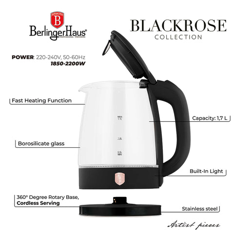 Product image of Electric glass kettle. Part of the Black Rose Collection . Features: • Material: stainless steel, borosilicate glass and plastic • Capacity: 1,7L • Voltage: 220-240V,50/60Hz • Power: 1850-2200W • Size: 22,3*16,1*24,2.... (Conceptual view). Official Berlinger Haus product, boosted by Promintra sl.