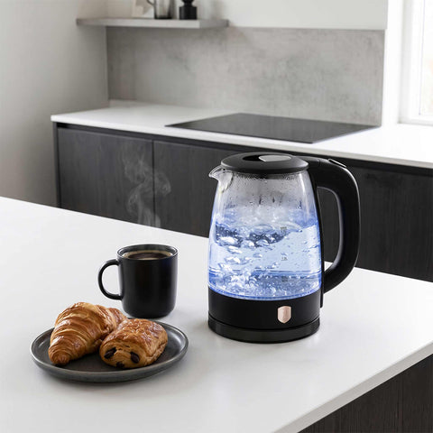 Product image of Electric glass kettle. Part of the Black Rose Collection . Features: • Material: stainless steel, borosilicate glass and plastic • Capacity: 1,7L • Voltage: 220-240V,50/60Hz • Power: 1850-2200W • Size: 22,3*16,1*24,2.... (Conceptual view). Official Berlinger Haus product, boosted by Promintra sl.