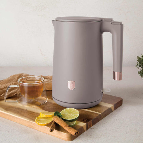 Product image of Double wall kettle. Part of the Taupe Collection . Features: • Material: stainless steel inside, plastic outside • Capacity: 1,7L • Voltage: 220-240V,50/60Hz • Power: 1800 W • Length of power cord: 75 cm • Co.... (Studio view). Official Berlinger Haus product, boosted by Promintra sl.