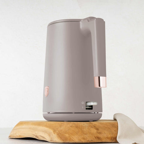 Product image of Double wall kettle. Part of the Taupe Collection . Features: • Material: stainless steel inside, plastic outside • Capacity: 1,7L • Voltage: 220-240V,50/60Hz • Power: 1800 W • Length of power cord: 75 cm • Co.... (Studio view). Official Berlinger Haus product, boosted by Promintra sl.