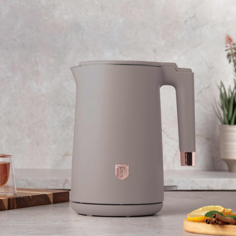 Product image of Double wall kettle. Part of the Taupe Collection . Features: • Material: stainless steel inside, plastic outside • Capacity: 1,7L • Voltage: 220-240V,50/60Hz • Power: 1800 W • Length of power cord: 75 cm • Co.... (Studio view). Official Berlinger Haus product, boosted by Promintra sl.