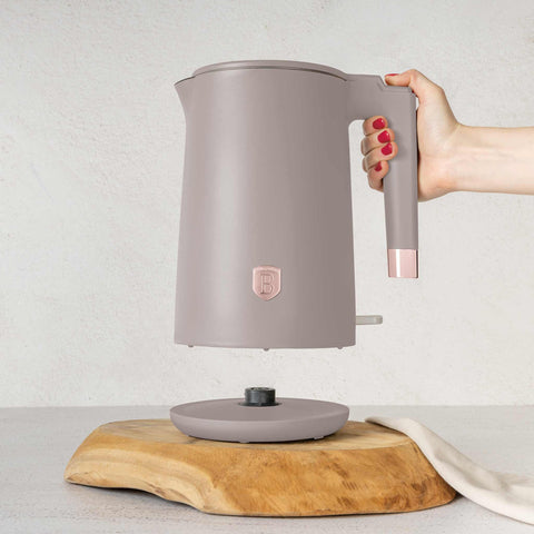 Product image of Double wall kettle. Part of the Taupe Collection . Features: • Material: stainless steel inside, plastic outside • Capacity: 1,7L • Voltage: 220-240V,50/60Hz • Power: 1800 W • Length of power cord: 75 cm • Co.... (Studio view). Official Berlinger Haus product, boosted by Promintra sl.