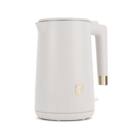 Product image of Double wall kettle. Part of the Sahara Collection . Features: • Material: 18/10 stainless steel inside, plastic outside • Capacity: 1,7L • Voltage: 220-240V,50/60Hz • Power: 1800 W • Color: matt cream. (Studio view). Official Berlinger Haus product, boosted by Promintra sl.
