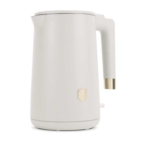 Product image of Double wall kettle. Part of the Sahara Collection . Features: • Material: 18/10 stainless steel inside, plastic outside • Capacity: 1,7L • Voltage: 220-240V,50/60Hz • Power: 1800 W • Color: matt cream. (Studio view). Official Berlinger Haus product, boosted by Promintra sl.
