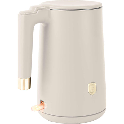 Product image of Double wall kettle. Part of the Sahara Collection . Features: • Material: 18/10 stainless steel inside, plastic outside • Capacity: 1,7L • Voltage: 220-240V,50/60Hz • Power: 1800 W • Color: matt cream. (Studio view). Official Berlinger Haus product, boosted by Promintra sl.
