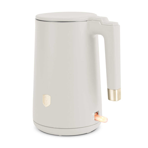 Product image of Double wall kettle. Part of the Sahara Collection . Features: • Material: 18/10 stainless steel inside, plastic outside • Capacity: 1,7L • Voltage: 220-240V,50/60Hz • Power: 1800 W • Color: matt cream. (Studio view). Official Berlinger Haus product, boosted by Promintra sl.