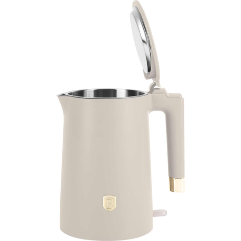 Product image of Double wall kettle. Part of the Sahara Collection . Features: • Material: 18/10 stainless steel inside, plastic outside • Capacity: 1,7L • Voltage: 220-240V,50/60Hz • Power: 1800 W • Color: matt cream. (Studio view). Official Berlinger Haus product, boosted by Promintra sl.