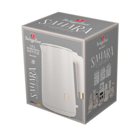 Product image of Double wall kettle. Part of the Sahara Collection . Features: • Material: 18/10 stainless steel inside, plastic outside • Capacity: 1,7L • Voltage: 220-240V,50/60Hz • Power: 1800 W • Color: matt cream. (Studio view). Official Berlinger Haus product, boosted by Promintra sl.