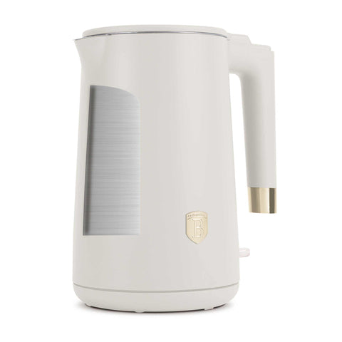 Product image of Double wall kettle. Part of the Sahara Collection . Features: • Material: 18/10 stainless steel inside, plastic outside • Capacity: 1,7L • Voltage: 220-240V,50/60Hz • Power: 1800 W • Color: matt cream. (Studio view). Official Berlinger Haus product, boosted by Promintra sl.
