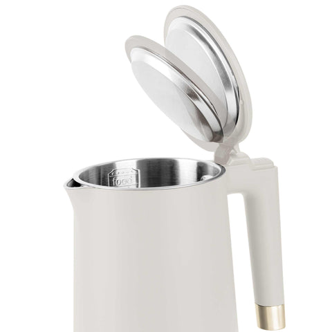 Product image of Double wall kettle. Part of the Sahara Collection . Features: • Material: 18/10 stainless steel inside, plastic outside • Capacity: 1,7L • Voltage: 220-240V,50/60Hz • Power: 1800 W • Color: matt cream. (Studio view). Official Berlinger Haus product, boosted by Promintra sl.