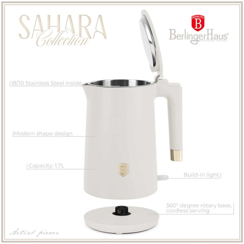 Product image of Double wall kettle. Part of the Sahara Collection . Features: • Material: 18/10 stainless steel inside, plastic outside • Capacity: 1,7L • Voltage: 220-240V,50/60Hz • Power: 1800 W • Color: matt cream. (Studio view). Official Berlinger Haus product, boosted by Promintra sl.
