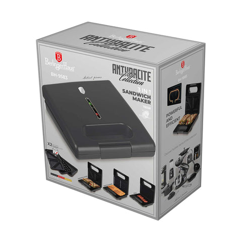 Product image of 3in1 sandwich maker with detachable plates. Part of the Anthracite Collection . Features: • Material: aluminium, bakelite • Power: 780 W • Voltage: 220-240 V, 50/60Hz • Plate size: 22,5*13 cm • NON-STICK coating • Color: matt anthracite. (Studio view). Official Berlinger Haus product, boosted by Promintra sl.