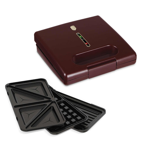 Product image of 3in1 sandwich maker with detachable plates. Part of the Leonardo Collection . Features: • Material: aluminium, bakelite • Power: 780 W • Voltage: 220-240 V, 50/60Hz • Plate size: 22,5*13 cm • NON-STICK coating • Color: matt bordeaux. (Studio view). Official Berlinger Haus product, boosted by Promintra sl.