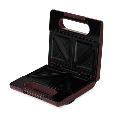 Product image of 3in1 sandwich maker with detachable plates. Part of the Leonardo Collection . Features: • Material: aluminium, bakelite • Power: 780 W • Voltage: 220-240 V, 50/60Hz • Plate size: 22,5*13 cm • NON-STICK coating • Color: matt bordeaux. (Studio view). Official Berlinger Haus product, boosted by Promintra sl.