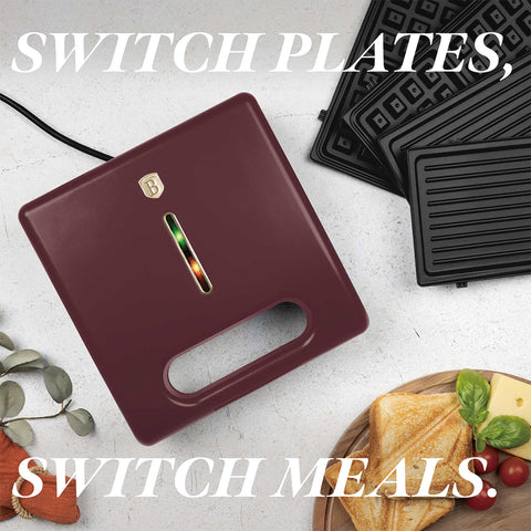 Product image of 3in1 sandwich maker with detachable plates. Part of the Leonardo Collection . Features: • Material: aluminium, bakelite • Power: 780 W • Voltage: 220-240 V, 50/60Hz • Plate size: 22,5*13 cm • NON-STICK coating • Color: matt bordeaux. (Studio view). Official Berlinger Haus product, boosted by Promintra sl.