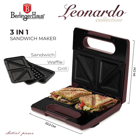 Product image of 3in1 sandwich maker with detachable plates. Part of the Leonardo Collection . Features: • Material: aluminium, bakelite • Power: 780 W • Voltage: 220-240 V, 50/60Hz • Plate size: 22,5*13 cm • NON-STICK coating • Color: matt bordeaux. (Studio view). Official Berlinger Haus product, boosted by Promintra sl.