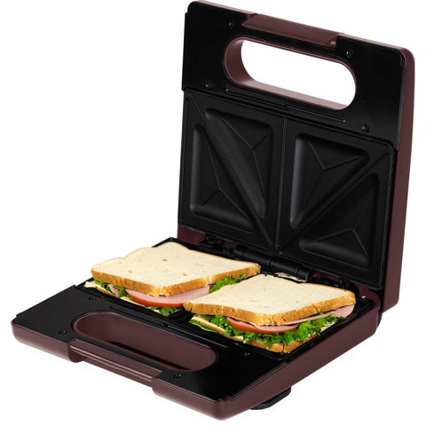 Product image of 3in1 sandwich maker with detachable plates. Part of the Leonardo Collection . Features: • Material: aluminium, bakelite • Power: 780 W • Voltage: 220-240 V, 50/60Hz • Plate size: 22,5*13 cm • NON-STICK coating • Color: matt bordeaux. (Studio view). Official Berlinger Haus product, boosted by Promintra sl.