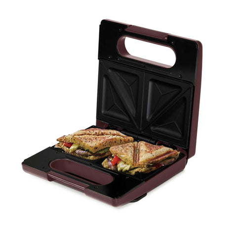 Product image of 3in1 sandwich maker with detachable plates. Part of the Leonardo Collection . Features: • Material: aluminium, bakelite • Power: 780 W • Voltage: 220-240 V, 50/60Hz • Plate size: 22,5*13 cm • NON-STICK coating • Color: matt bordeaux. (Studio view). Official Berlinger Haus product, boosted by Promintra sl.