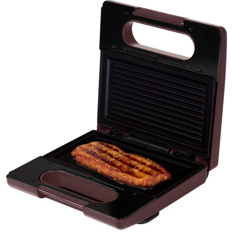Product image of 3in1 sandwich maker with detachable plates. Part of the Leonardo Collection . Features: • Material: aluminium, bakelite • Power: 780 W • Voltage: 220-240 V, 50/60Hz • Plate size: 22,5*13 cm • NON-STICK coating • Color: matt bordeaux. (Studio view). Official Berlinger Haus product, boosted by Promintra sl.