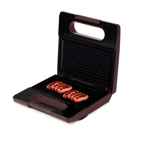 Product image of 3in1 sandwich maker with detachable plates. Part of the Leonardo Collection . Features: • Material: aluminium, bakelite • Power: 780 W • Voltage: 220-240 V, 50/60Hz • Plate size: 22,5*13 cm • NON-STICK coating • Color: matt bordeaux. (Studio view). Official Berlinger Haus product, boosted by Promintra sl.