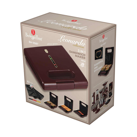 Product image of 3in1 sandwich maker with detachable plates. Part of the Leonardo Collection . Features: • Material: aluminium, bakelite • Power: 780 W • Voltage: 220-240 V, 50/60Hz • Plate size: 22,5*13 cm • NON-STICK coating • Color: matt bordeaux. (Studio view). Official Berlinger Haus product, boosted by Promintra sl.
