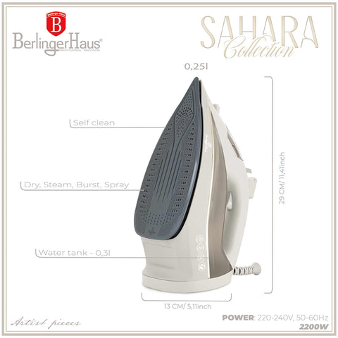 Product image of Iron. Part of the Sahara Collection . Features: • 220-240V, 50/60Hz, 2200 W • Functions: Dry/Steam/Burst/Spray/Self clean • Water tank capacity: 300 ml • Soleplate size: 22.4*12.3 cm • Length of .... (Studio view). Official Berlinger Haus product, boosted by Promintra sl.