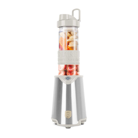 Product image of Smoothie maker. Part of the Sahara Collection . Features: • Material: stainless steel, plastic • Power: 300 W • 220-240 V 50/60 Hz • Takeaway jar with lid: 570 ml • Color: stainless steel- matt cream. (Studio view). Official Berlinger Haus product, boosted by Promintra sl.