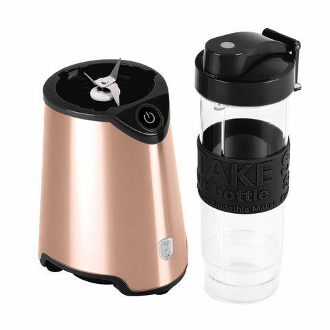 Product image of Smoothie maker. Part of the Metallic Line Rose Gold Edition . Features: • Material: stainless steel, plastic • Power: 300 W • 220-240 V 50/60 Hz • Takeaway jar with lid: 570 ml • Color: rose gold. (Studio view). Official Berlinger Haus product, boosted by Promintra sl.
