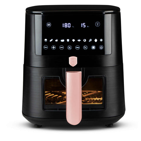 Product image of Air fryer 8L visible window. Part of the Black Rose Collection . Features: • Power: 220-240V ~ 50/60Hz 1650W • Temperature control: 40-200℃ • XXXL SIZE: Food basket with non-stick coating 8L • DIGITAL • Size: 38,8*30*32,4 .... (Studio view). Official Berlinger Haus product, boosted by Promintra sl.