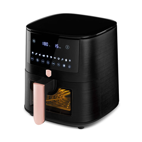 Product image of Air fryer 8L visible window. Part of the Black Rose Collection . Features: • Power: 220-240V ~ 50/60Hz 1650W • Temperature control: 40-200℃ • XXXL SIZE: Food basket with non-stick coating 8L • DIGITAL • Size: 38,8*30*32,4 .... (Studio view). Official Berlinger Haus product, boosted by Promintra sl.