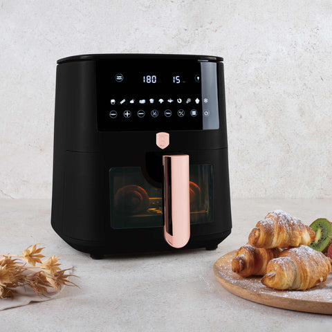 BH/9604, Freidora de aire de 8 l con ventana visible, color negro y oro rosa, eléctrica, digital, sin aceite, con ventana, electrodomésticos de cocina