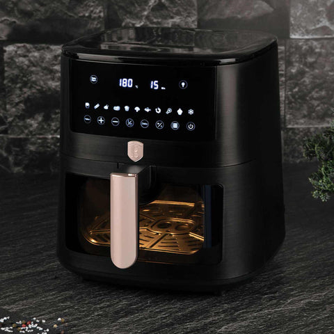  BH/9604, Freidora de aire de 8 l con ventana visible, color negro y oro rosa, eléctrica, digital, sin aceite, con ventana, electrodomésticos de cocina