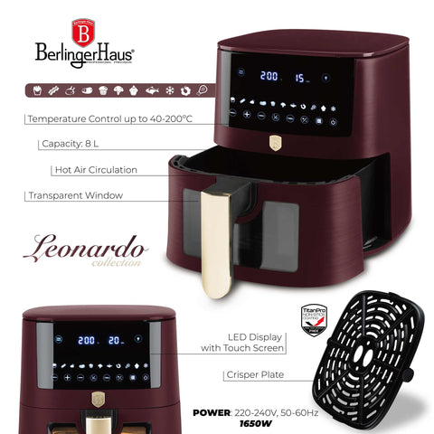 Product image of Air fryer 8L visible window. Part of the Leonardo Collection . Features: • Power: 220-240V ~ 50/60Hz 1650W • Temperature control: 40-200℃ • XXXL SIZE: Food basket with non-stick coating 8L • DIGITAL • Size: 38,8*30*32,4 .... (Studio view). Official Berlinger Haus product, boosted by Promintra sl.