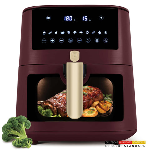 Product image of Air fryer 8L visible window. Part of the Leonardo Collection . Features: • Power: 220-240V ~ 50/60Hz 1650W • Temperature control: 40-200℃ • XXXL SIZE: Food basket with non-stick coating 8L • DIGITAL • Size: 38,8*30*32,4 .... (Studio view). Official Berlinger Haus product, boosted by Promintra sl.