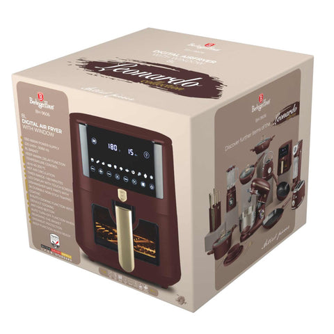 Product image of Air fryer 8L visible window. Part of the Leonardo Collection . Features: • Power: 220-240V ~ 50/60Hz 1650W • Temperature control: 40-200℃ • XXXL SIZE: Food basket with non-stick coating 8L • DIGITAL • Size: 38,8*30*32,4 .... (Studio view). Official Berlinger Haus product, boosted by Promintra sl.